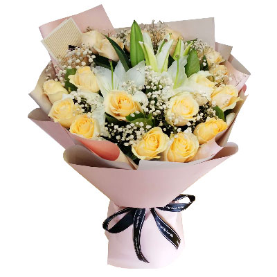 丹东17朵香槟玫瑰百合，爱不惧风雨