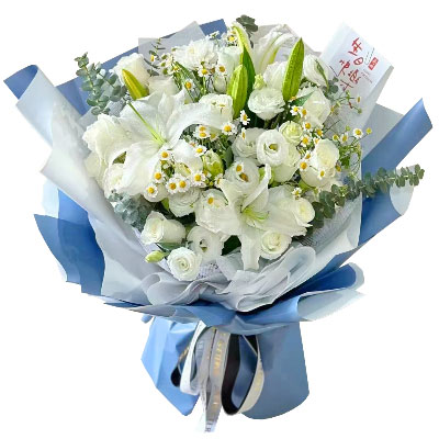 丹东11朵白玫瑰桔梗百合，爱永恒不息