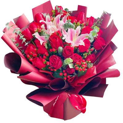 丹东22朵红玫瑰百合，爱的火焰